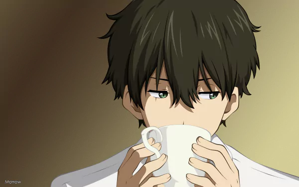 A close-up of Hōtarō Oreki from the anime Hyouka, featuring his green eyes and brown hair as he sips from a cup, set against a softly blurred background. HD desktop wallpaper.