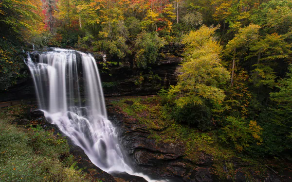 HD PC desktop wallpaper: North Carolina, USA forest in autumn with a wide cascading waterfall over mossy ledges amid vibrant fall foliage.