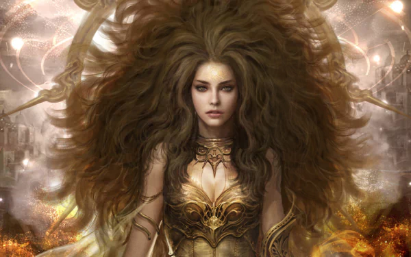 A close-up of a fantasy woman with long brunette hair, adorned in gold, set against a fiery background. This captivating HD wallpaper showcases a mystical aura.