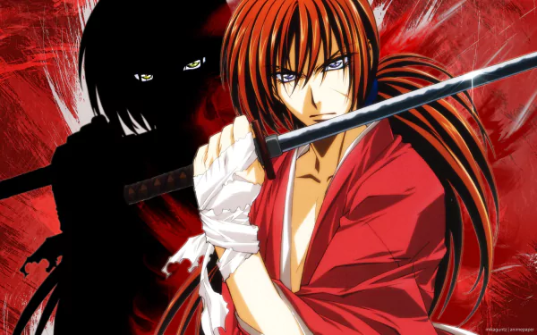An HD wallpaper featuring Kenshin Himura from the anime Rurouni Kenshin, showcasing his iconic red attire and katana against a dramatic red background and shadowy silhouette.