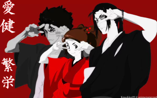 HD anime desktop wallpaper featuring Samurai Champloo characters Mugen, Jin, and Fuu posing against a bold red background with Japanese calligraphy.