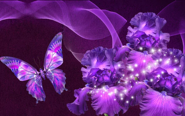 HD desktop wallpaper featuring an abstract design with a vibrant purple flower and a matching butterfly, set against a rich purple background.