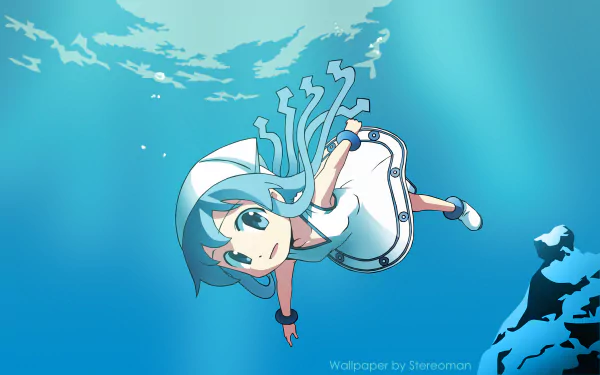 HD PC desktop wallpaper featuring Ika Musume, the anime character also known as Squid Girl, swimming underwater with a bright blue ocean background.