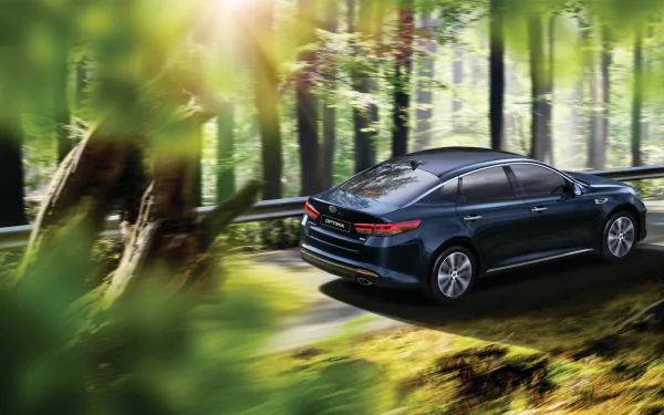 HD PC desktop wallpaper showing a dark blue Kia Optima car driving on a sunlit forest road, rear three-quarter view of the Kia vehicle.