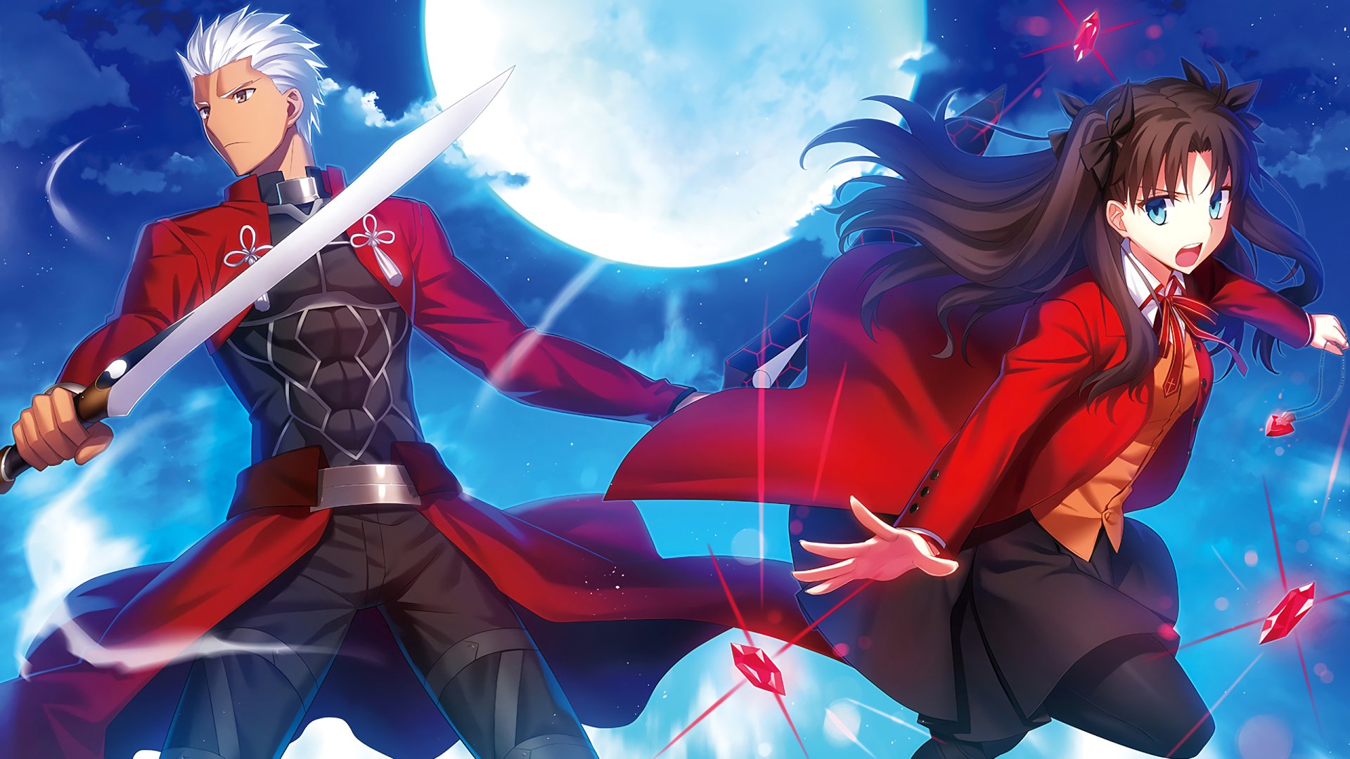 A vibrant HD desktop wallpaper featuring Archer and Rin Tohsaka from Fate/Stay Night, showcasing their dynamic poses against a dramatic moonlit background.