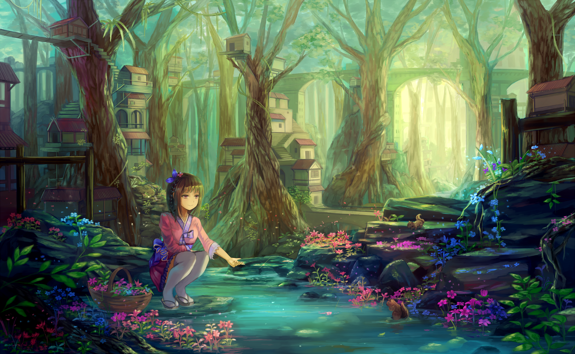 A serene anime scene featuring a girl amidst vibrant flowers and enchanting trees, with mystical elements, serving as an original HD PC desktop wallpaper and background.