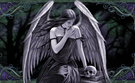 Gothic-themed HD wallpaper featuring a dark-haired angel with wings, dressed in a black gown, holding a skull and standing in a mystical, dark forest. The background adds a fantasy and mysterious atmosphere.