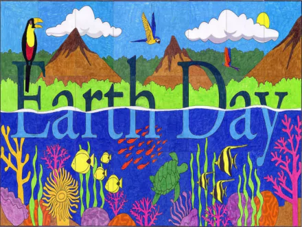 Vibrant Earth Day HD desktop wallpaper featuring mountains, colorful birds, and a diverse underwater scene with fish, coral, and a turtle celebrating the holiday.