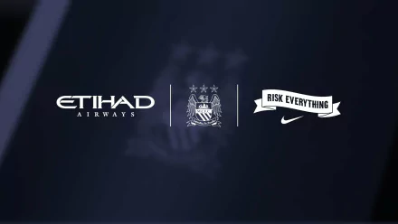 HD desktop wallpaper featuring Manchester City F.C. logos and sponsors Etihad Airways and Nike with the slogan Risk Everything in a sleek sports-themed design.