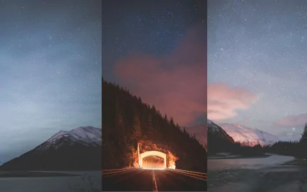 A captivating artistic image of a tunnel illuminated at night, surrounded by towering mountains and a starry sky, serving as a stunning HD desktop wallpaper and background.