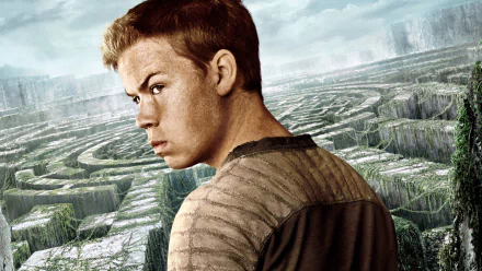 HD desktop wallpaper featuring Will Poulter from the movie The Maze Runner, with a detailed maze landscape in the background.