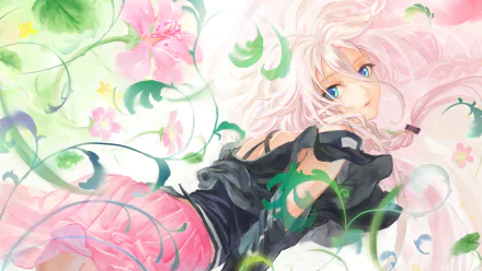 HD PC desktop wallpaper featuring IA from Vocaloid in an anime style, surrounded by soft pink flowers and flowing green vines.