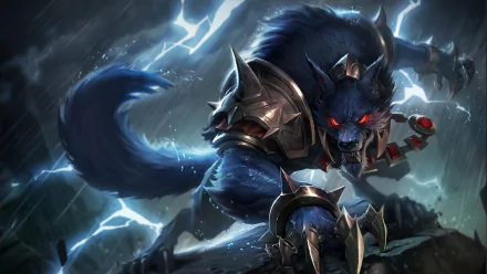 A striking HD wallpaper featuring Warwick from League of Legends, showcasing his fierce wolf-like form amidst dramatic lightning and a dark, atmospheric background.