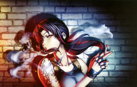 A striking HD wallpaper featuring Revy from Black Lagoon, showcasing her fierce demeanor against a textured brick background, with wisps of smoke adding to the ambiance.