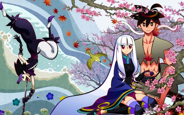 HD anime desktop wallpaper featuring Togame and Shichika Yasuri from Katanagatari, surrounded by cherry blossoms, autumn leaves, and traditional Japanese scenery.
