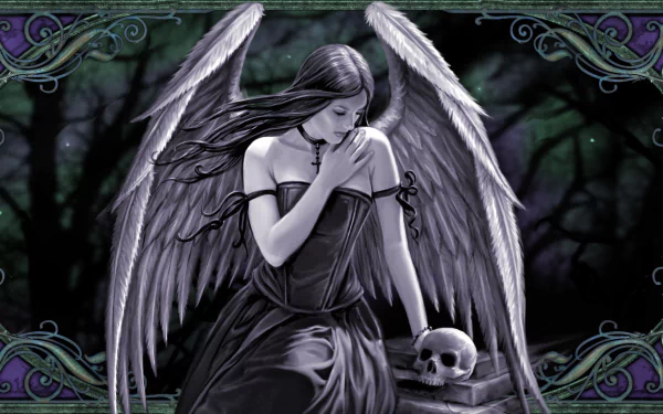 Gothic-themed HD wallpaper featuring a dark-haired angel with wings, dressed in a black gown, holding a skull and standing in a mystical, dark forest. The background adds a fantasy and mysterious atmosphere.