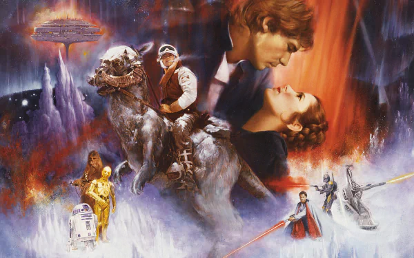 HD wallpaper featuring iconic characters from Star Wars Episode V: The Empire Strikes Back, including Luke Skywalker, Princess Leia, Han Solo, Lando Calrissian, C-3PO, R2-D2, and a Tauntaun.