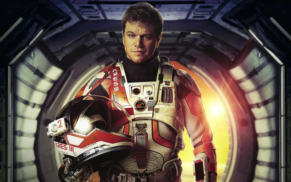 HD movie poster-style desktop wallpaper of a male astronaut in a red-and-white suit holding his helmet inside a spacecraft corridor with a glowing sunlit backdrop.