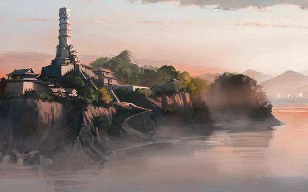 HD PC desktop wallpaper featuring an atmospheric anime-style landscape from Avatar: The Legend of Korra, showcasing a coastal fortress at sunset with misty waters.