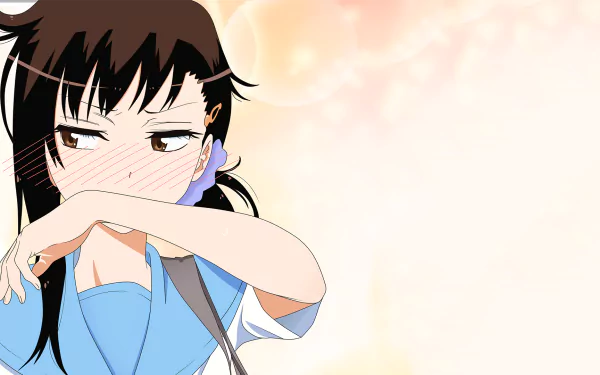 HD PC desktop wallpaper featuring Haru Onodera from the anime Nisekoi, shown blushing against a soft, warm-toned background.
