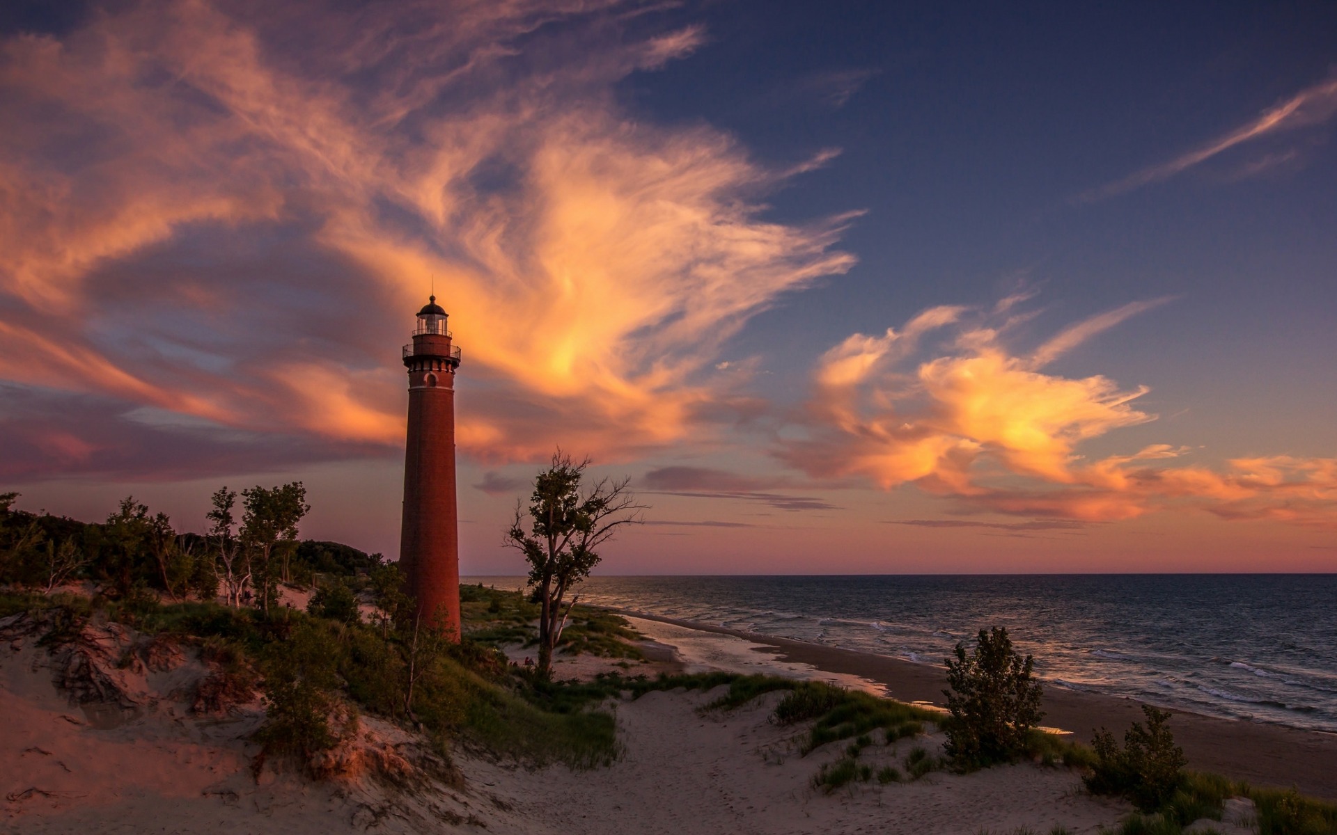 Download Horizon Tree Sunset Ocean Coastline Coast Man Made Lighthouse