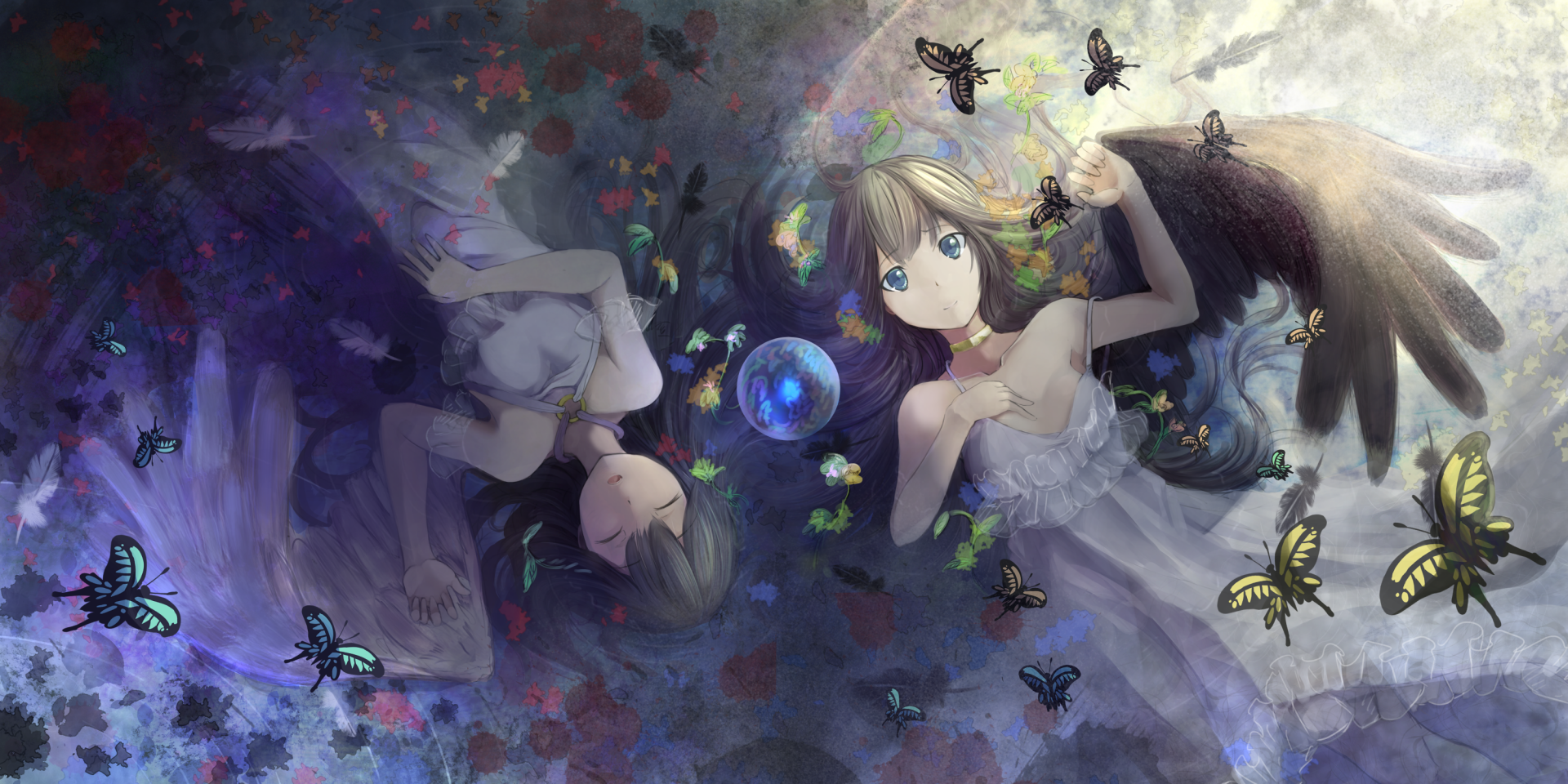 Anime-inspired HD desktop wallpaper featuring two ethereal figures surrounded by butterflies and flowers, blending fantasy elements with a vibrant, dreamlike atmosphere.