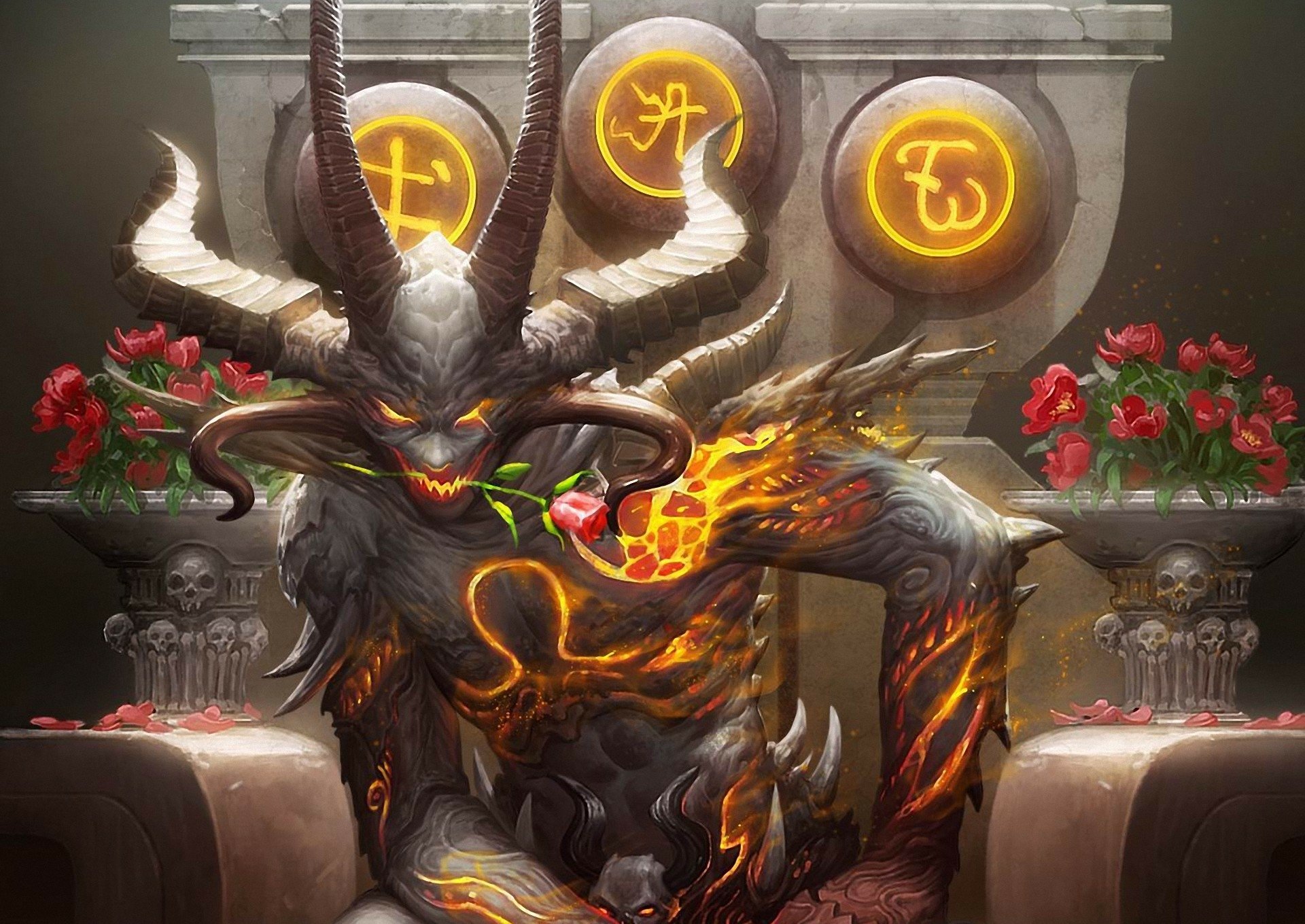 A demon with large horns and fiery markings lounges on a throne surrounded by glowing symbols and red flowers in this HD Galaxy Saga video game desktop wallpaper.