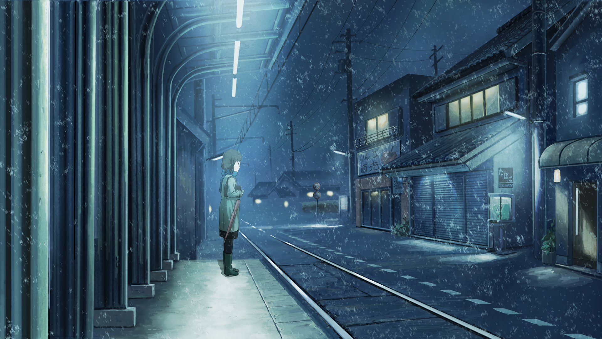 A serene anime scene depicting a figure waiting at a snowy train station, illuminated by soft lights, creating an atmospheric HD desktop wallpaper and background.