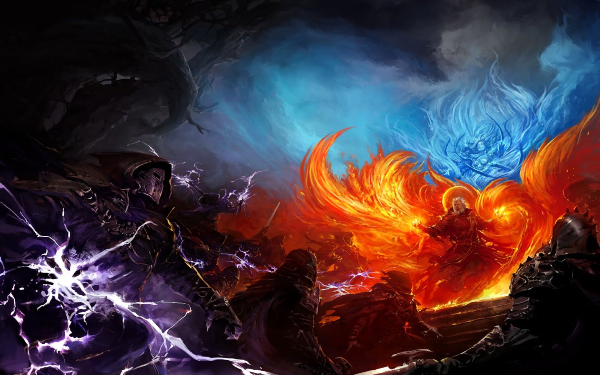 HD fantasy battle scene depicting fiery and icy elemental warriors clashing in a dark, dramatic landscape, designed as a dynamic PC desktop wallpaper.