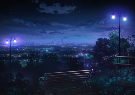Anime-style night scene with street lights illuminating a bench overlooking a city's glowing skyline. HD wallpaper and background depicting a serene, starry evening.