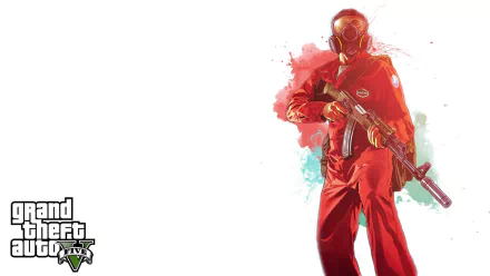 A vibrant HD wallpaper featuring a character from Grand Theft Auto V, dressed in a red outfit and mask, wielding a rifle against a colorful splash background.