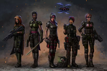 HD PC wallpaper featuring five woman warriors from the video game XCOM 2, armed with weapons including a sword, standing ready for battle.
