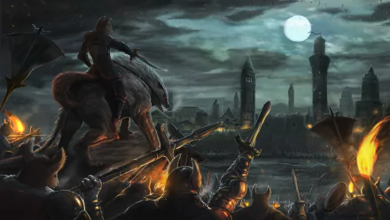 A fantasy warrior leads an army into battle against a city skyline under a full moon at night in this dramatic HD PC desktop wallpaper.