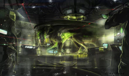 A sci-fi HD desktop wallpaper featuring a soldier confronting a large, eerie creature in a dimly lit, futuristic laboratory.