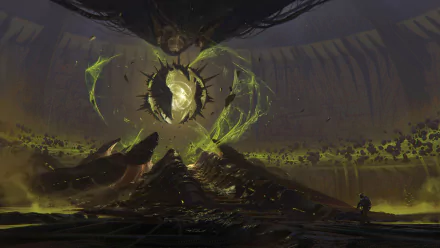 A dark fantasy landscape with glowing green magical energy swirling around a large, mysterious floating crystal, rendered in HD for a PC desktop wallpaper.