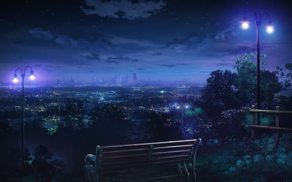 Anime-style night scene with street lights illuminating a bench overlooking a city's glowing skyline. HD wallpaper and background depicting a serene, starry evening.