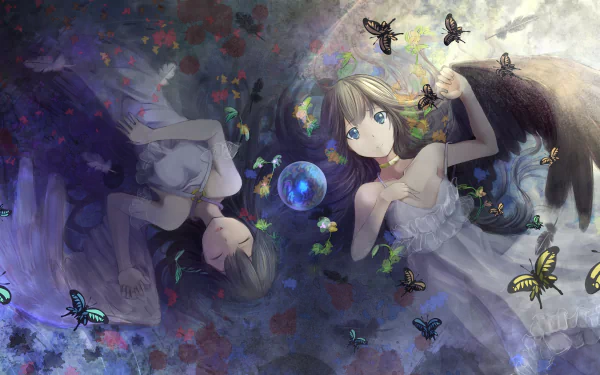 Anime-inspired HD desktop wallpaper featuring two ethereal figures surrounded by butterflies and flowers, blending fantasy elements with a vibrant, dreamlike atmosphere.