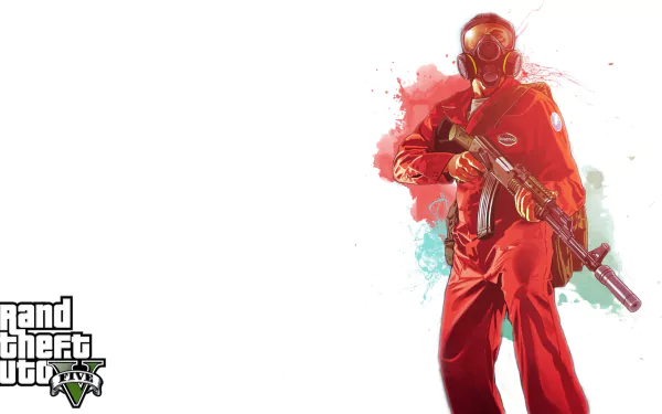 A vibrant HD wallpaper featuring a character from Grand Theft Auto V, dressed in a red outfit and mask, wielding a rifle against a colorful splash background.