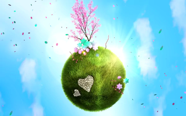 A vibrant HD desktop wallpaper showing a small grassy planet with a blossoming tree, flowers, and heart-shaped stones against a bright blue sky, celebrating Earth Day.