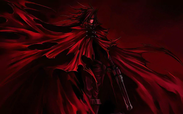 A striking HD wallpaper featuring Vincent Valentine from Final Fantasy VII, embodying a fantasy warrior with a flowing red cape, set against a dark, dramatic backdrop.