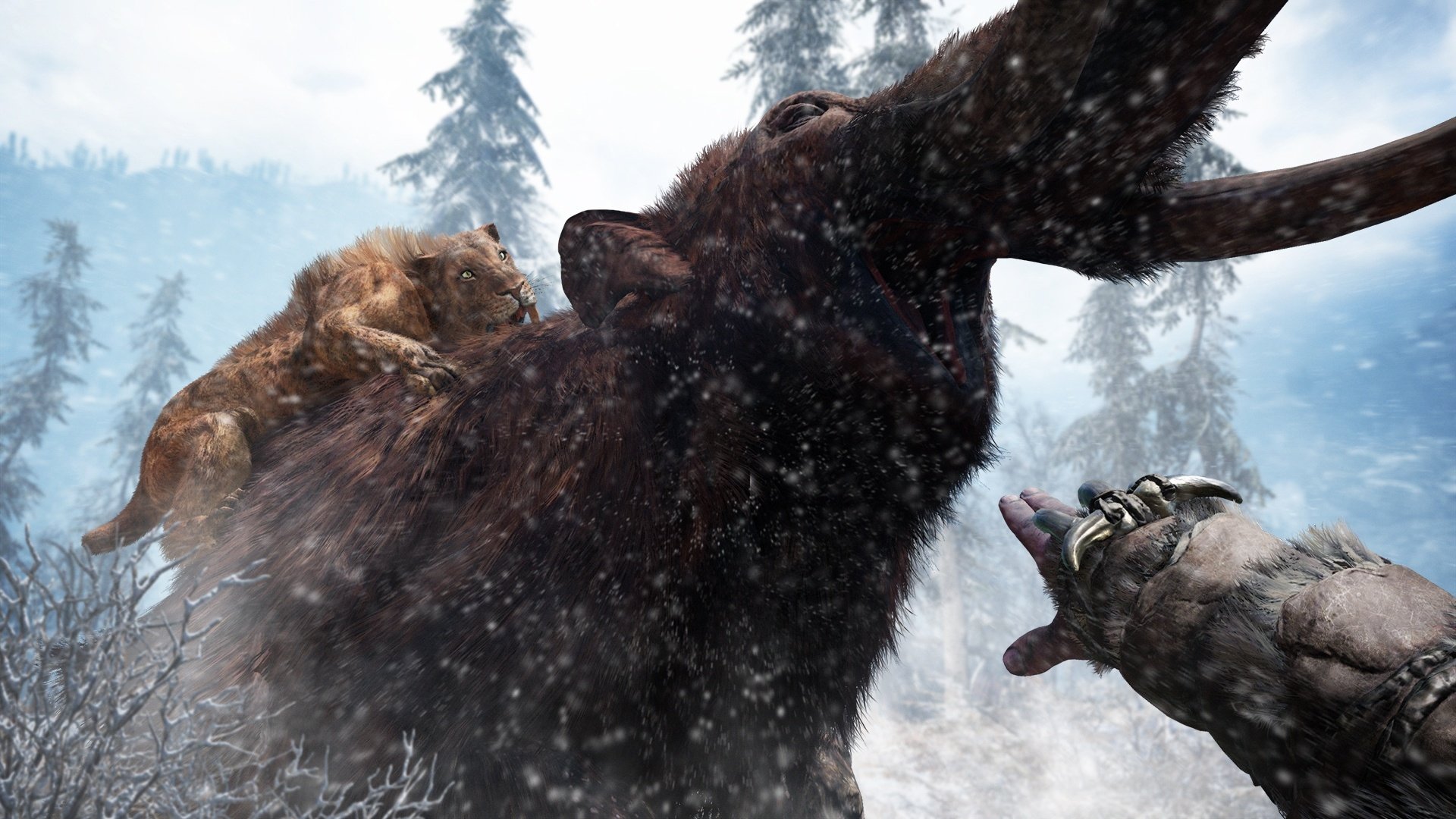 A saber-toothed tiger attacks a mammoth amidst a snowy landscape in this HD wallpaper inspired by the video game Far Cry Primal.