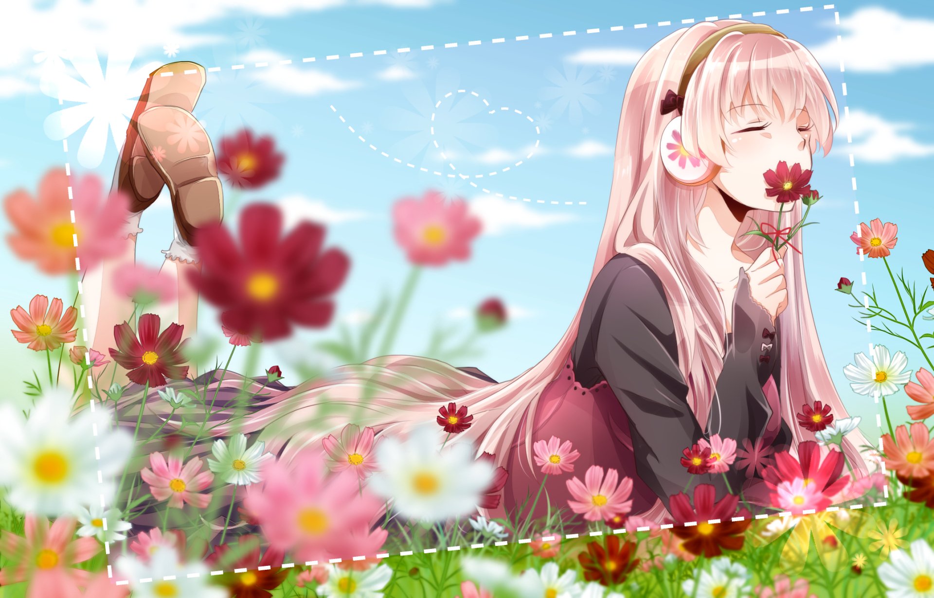 HD PC desktop wallpaper featuring Luka Megurine from Vocaloid in an anime style, surrounded by colorful flowers with a bright blue sky background.