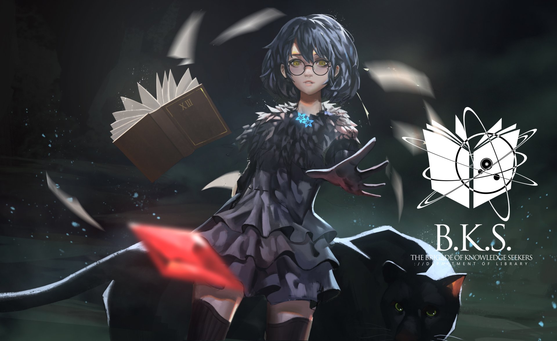 Anime-style HD desktop wallpaper from Pixiv Fantasia T features a dark-haired girl with glasses in a black dress, casting magic with floating books and a black panther by her side.