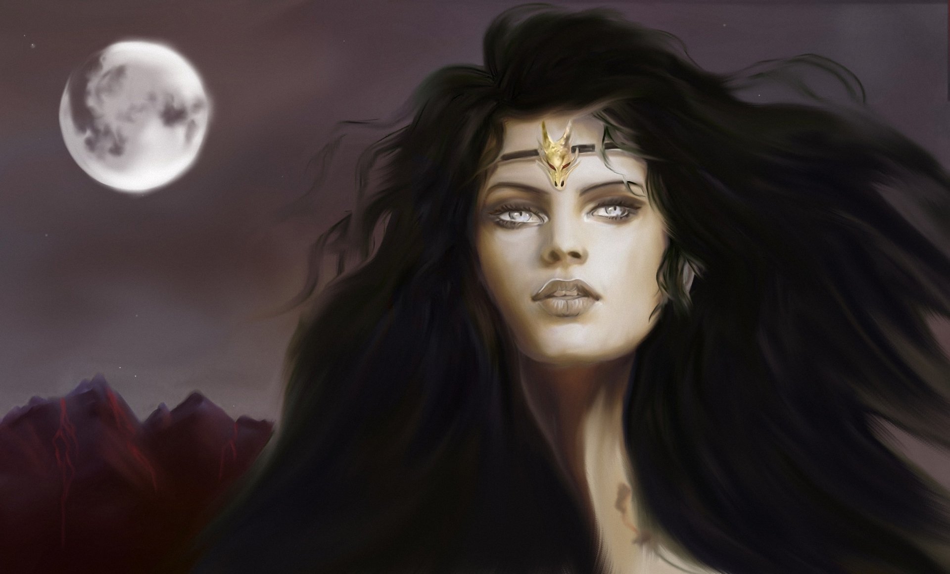 Fantasy HD PC wallpaper featuring a brunette woman's face with flowing hair against a moonlit night sky and distant mountains.