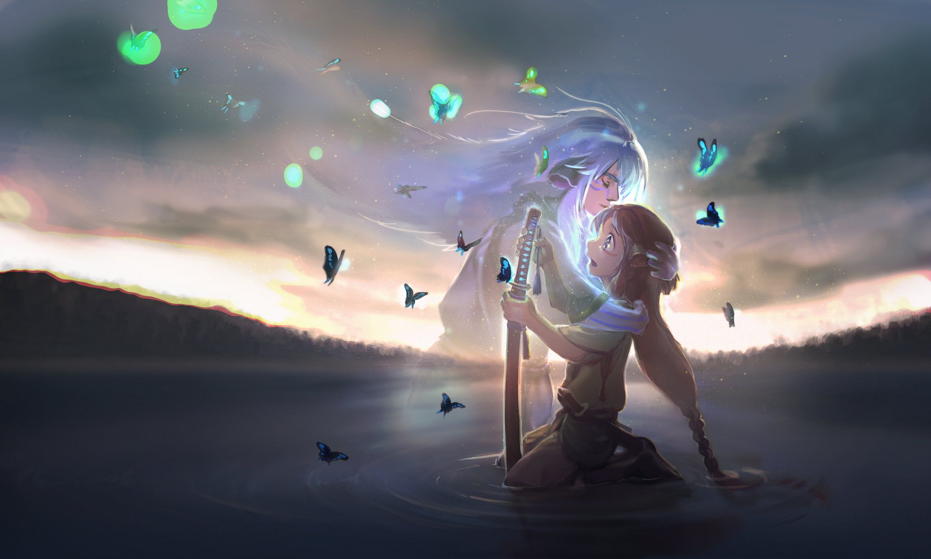 HD anime-style Pixiv Fantasia wallpaper depicting a glowing figure embracing a kneeling character surrounded by ethereal butterflies in a misty, twilight landscape.