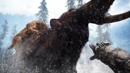 A saber-toothed tiger attacks a mammoth amidst a snowy landscape in this HD wallpaper inspired by the video game Far Cry Primal.