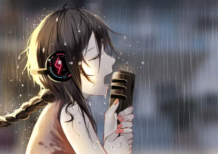 A girl with a braid wearing headphones passionately sings into a vintage microphone while rain pours down around her, capturing the essence of Yuezheng Ling from the Anime Vocaloid series.