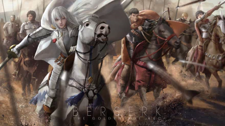 Dynamic HD wallpaper featuring Griffith, Casca, Guts, and Rickert from Berserk amidst a tumultuous battle scene. Captures the intense atmosphere of the anime beautifully.