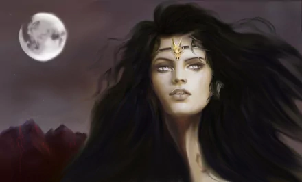 Fantasy HD PC wallpaper featuring a brunette woman's face with flowing hair against a moonlit night sky and distant mountains.