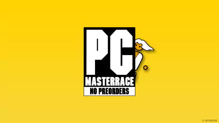 HD PC desktop wallpaper featuring the PC Master Race logo with the phrase No Preorders, highlighting video game culture and gaming PC pride on a bright yellow background.